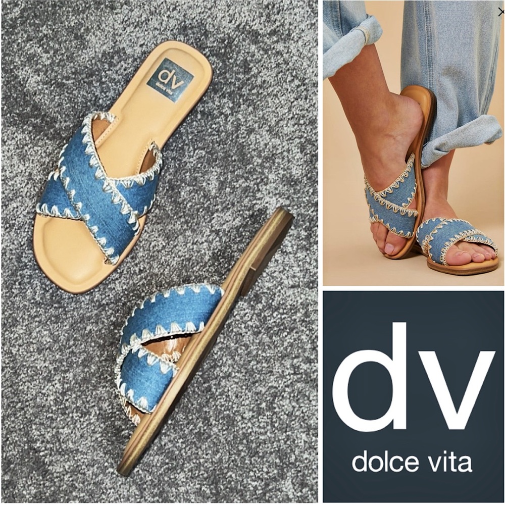 NEW - DV by DOLCE VITA - Womens Juneau Denim Cross Strap Slides Sandal - SIZE 7